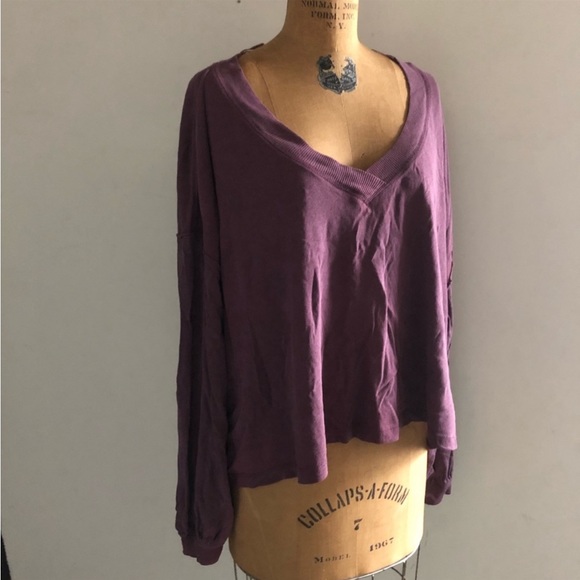 Free People]Cotton Bordeaux Hand dyed Balloon Long sleeve Oversize Crop Top - Picture 12 of 15